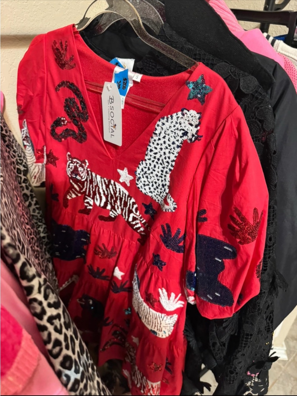Red Animal Sequin Tiered Dress Top